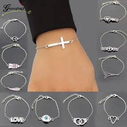 1Pcs Trendy Charm Bracelets Link Chain Bracelet Bangle Cross Heart Handcuff Love Peace Eye Valentine's Day Gift Fashion Jewelry