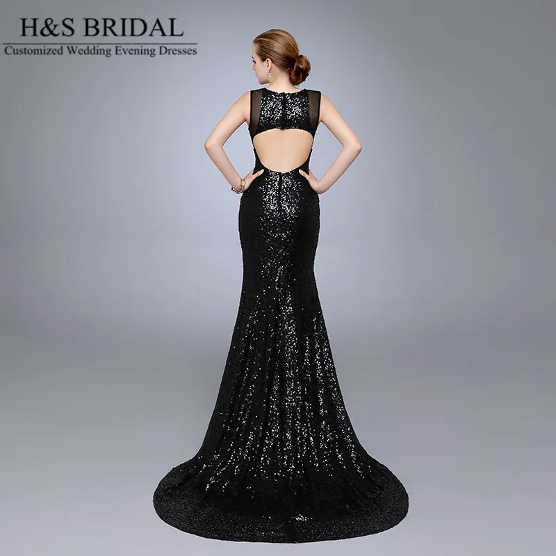 HS21 Hot Koop Mermaid O Hals Met Bandjes Backless Zwarte Pailletten Avondjurk 2017 Sexy Lange Jurken