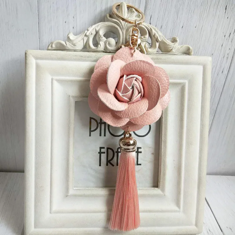 Fooderwerk Jewelry 7 Colors Leather Rose Keychain DIY Handmade Jewelry Creative Lun Polyester Ice Silk Tassel Ear Bag Pendant