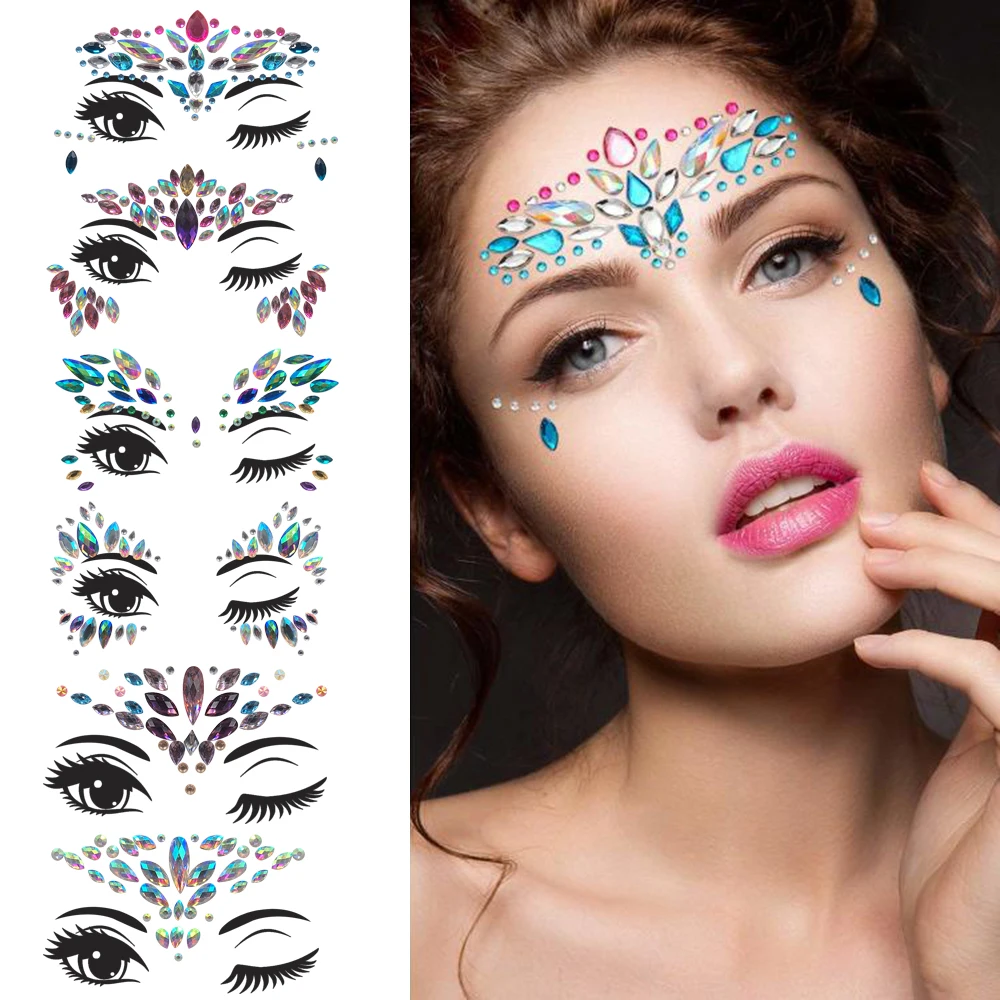 24 Styles Adhesive Sticky Gems Sticker Makeup Face Boob Jewel Crystal Festival Gems Party Makeup Stickers Face Jewels Body Gems