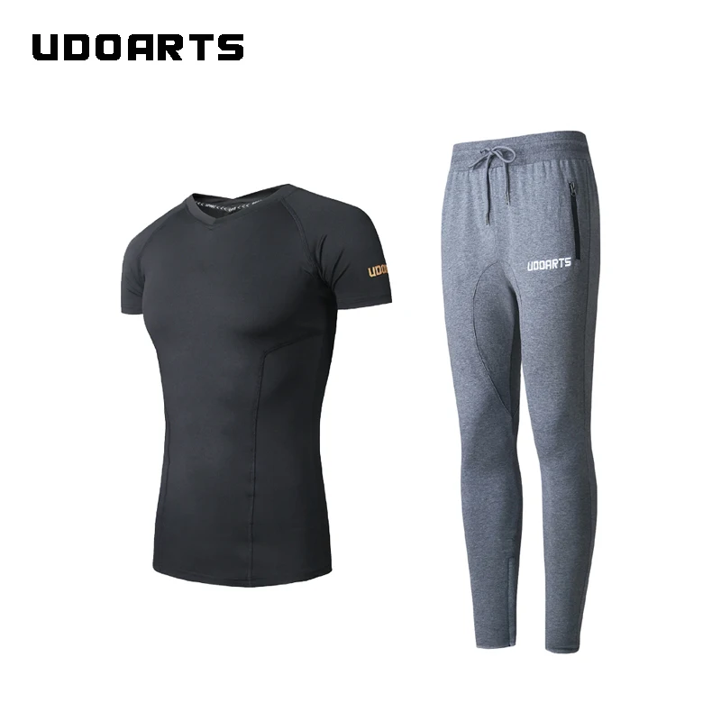 

Udoarts Compression V-Neck Shirt and Training Gray Pants With Zippers- Fitness Yoga Running Training Suit for Men