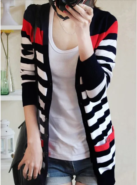 2021 New Fashion Women Spring Autumn Slim Sweater Cardigan V-Neck Medium-Long Stripe Cardigan Women Knitted Outerwear Female