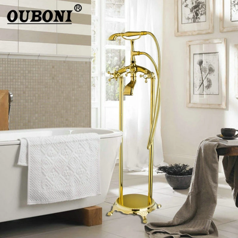 OUBONI Golden Plated Bathroom Shower Set Floor Mount Freestanding Bathtub Filler Bath Tub Faucet