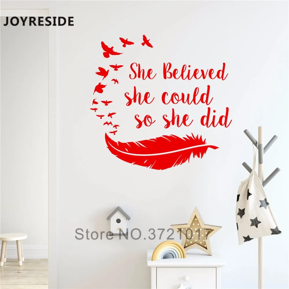 JOYRESIDE Girls She Believed She Could So She Did Wall Decal Vinyl Sticker Quote Birds Feather Home Decoration Art Design XY062 image 2