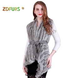 ZDFURS * Women Genuine Knitted Rabbit Fur Vests with belt sweater Waistcoat wholesale drop shipping