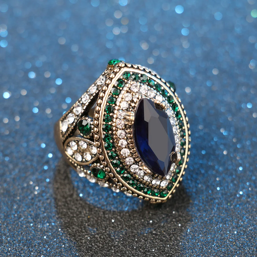 Bulgaria Jewelry Vintage Big Gold Wedding Rings For Women Vintage Green Crystal Blue Stone Horse Eye Ring Boho Accessories