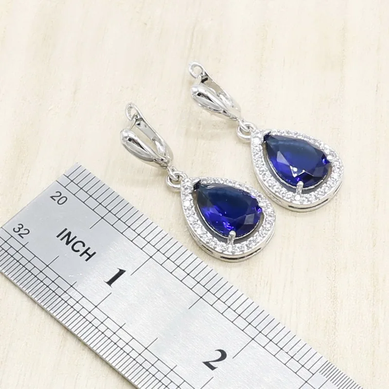 Water Drop Royal Blue Necklace Earrings Women Bridal Jewelry Sets Wedding Gift Box