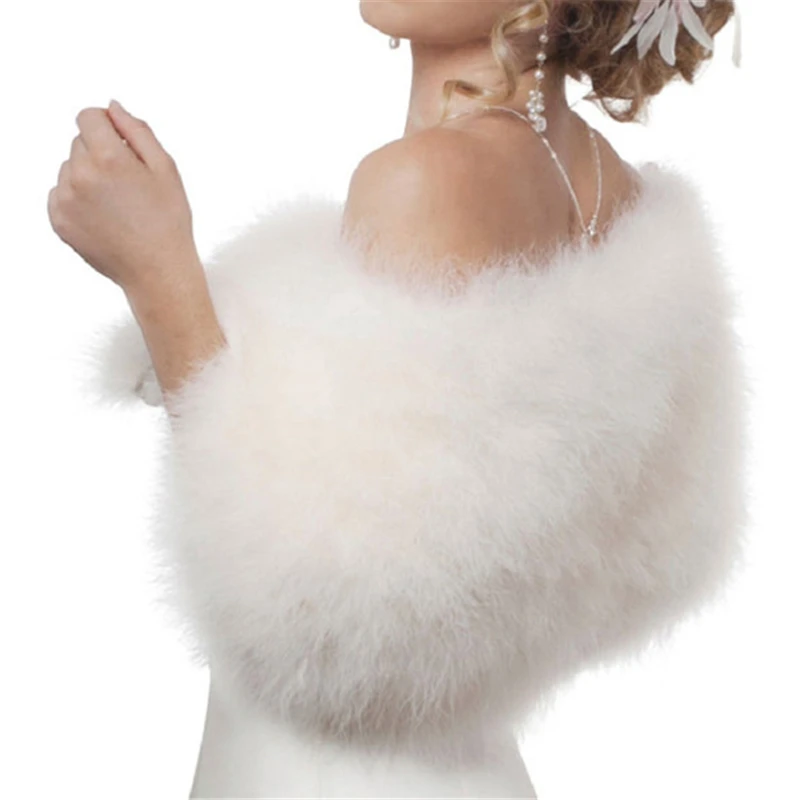 Luxurious Ostrich White Feather Wrap Bridal Fur Jacket Marriage Shrug Coat Bride Winter Wedding Party Fur bolero women chaqueta