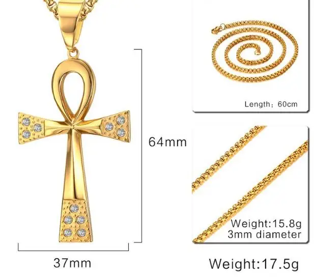 كبير 64 مللي متر بلورات AAA الصليب مصر قلادة الفولاذ المقاوم للصدأ عقد ذهب سلسلة مجانية 24 بوصة للنساء الرجال #3