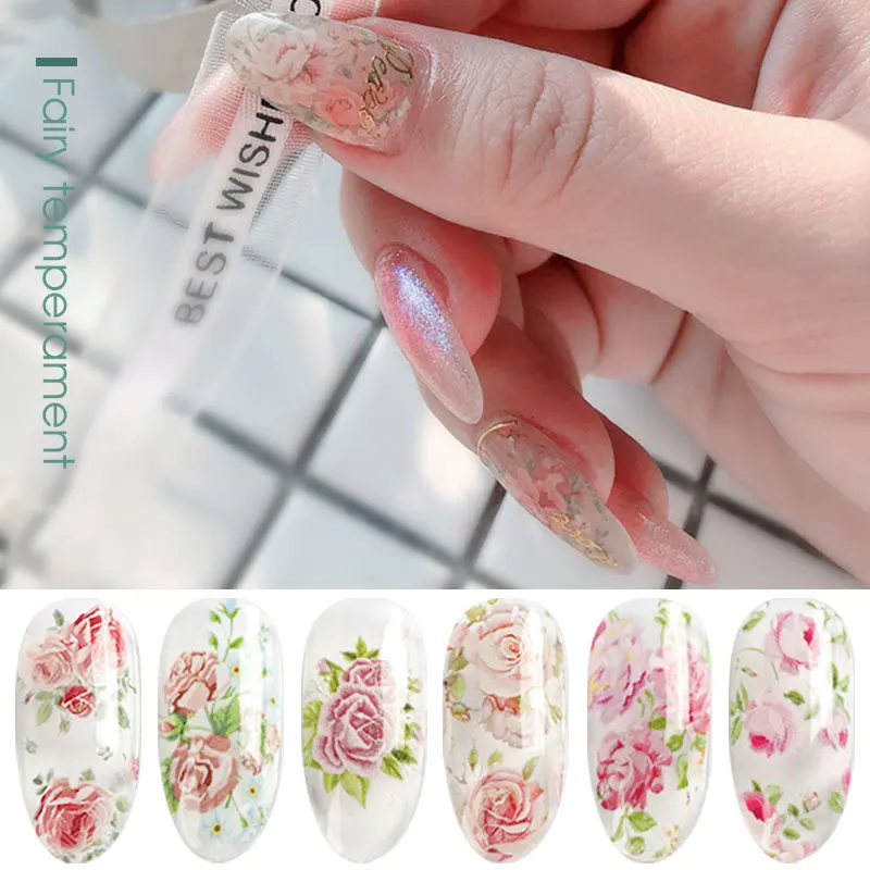 HNUIX 10 colori Nail Leaf Stickers vernice Mix Rose Flower Transfer Foil Nails Decal cursori per Nail Art Foil Manicure Designs