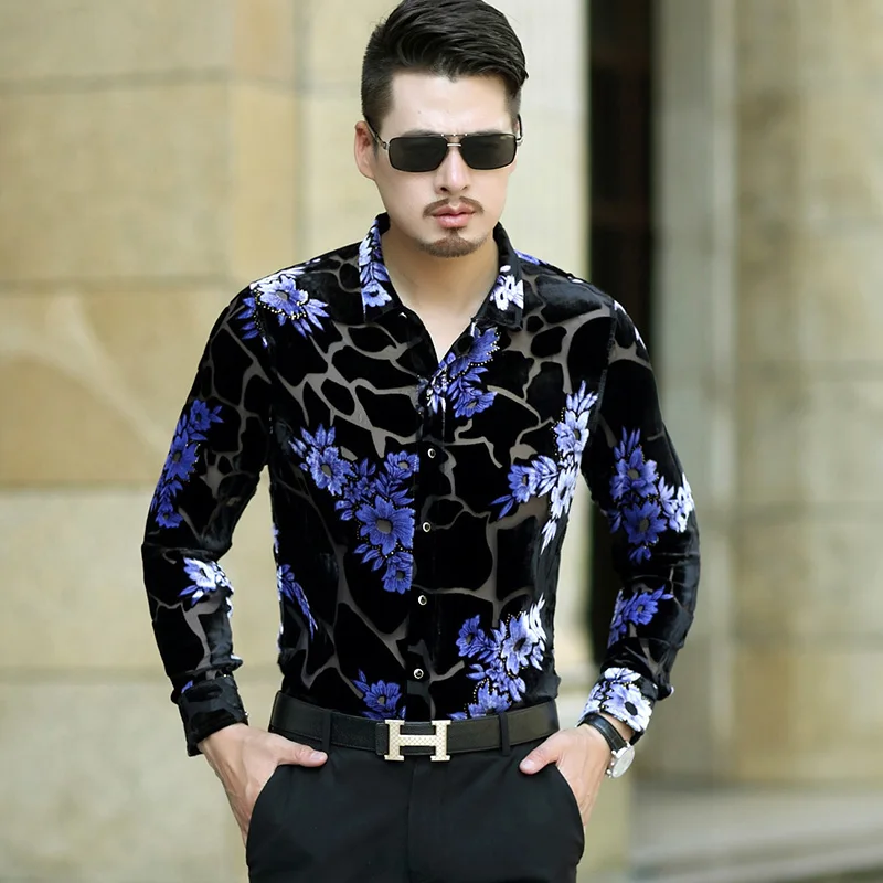 Men's See Through Shirts Summer Spring Floral Clothes Male Sexy Transparent Clubwear Dress Shirts