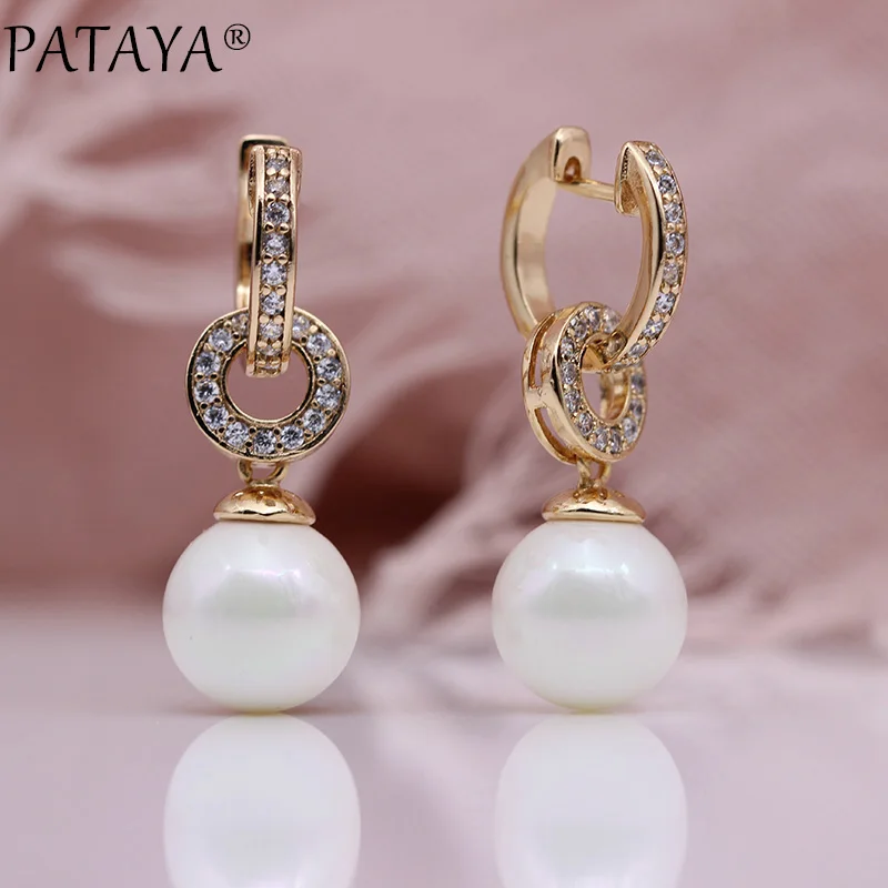 PATAYA New Long Dangle Earrings White Shell Pearls Earring For Women 585 Rose Gold Color Natural Zircon Fashion Jewelry