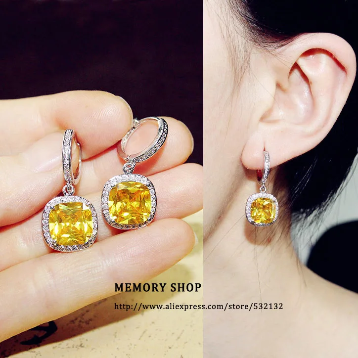 Sparkling Fashion Square Big Green Royal Blue Red Pink Yellow stone Drop Earrings Princess-cut Cubic Zirconia Women Jewelry