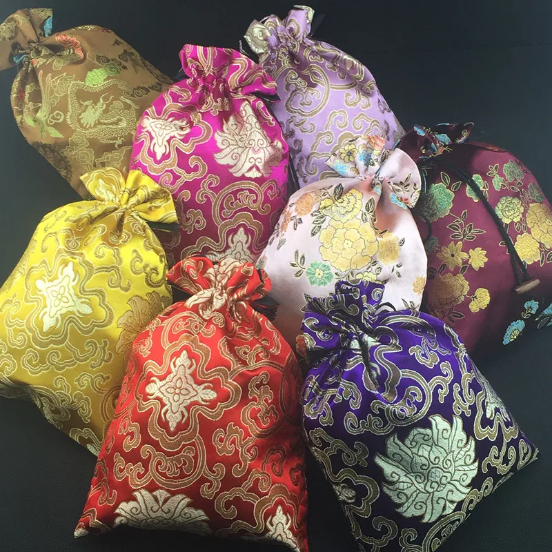 

Extra Large Drawstring Chinese Lucky Gift Bag, Christmas, Party Packaging, Silk Brocade Jewelry Pouches with Lined, 30Pcs