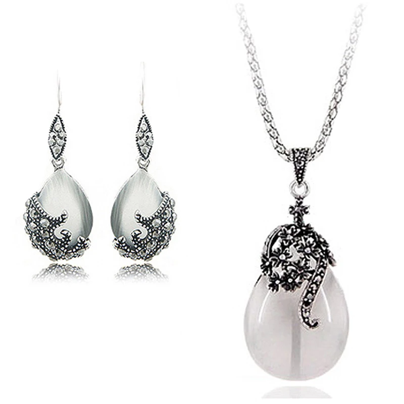 Vintage 925 Sterling Silver Jewelry Sets For Women Fashion Water Drop Shape Cat Eye Stone Pendants Necklace Earring Set