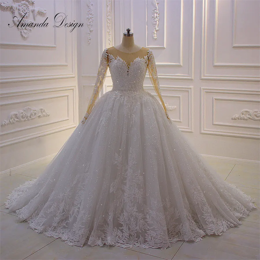 Amanda Design Hot Sale O-Neck Long Sleeve Lace Applique Crystal Wedding Dress Customized