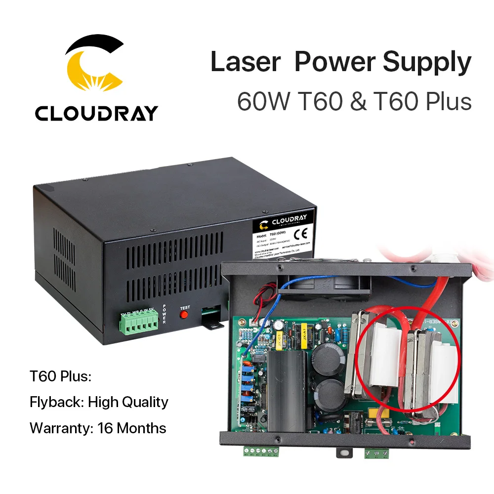 Cloudray 60W CO2 Laser Power Supply for CO2 Laser Engraving Cutting Machine HY-T60 T / W Plus Series with Long Warranty