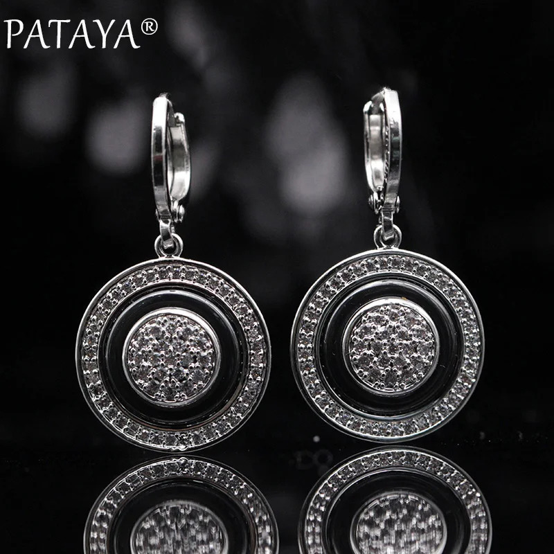 PATAYA New True White Gold Round Natural Zircon Black Ceramic Long Dangle Earrings 585 Rose Gold Color Women Wedding Jewelry