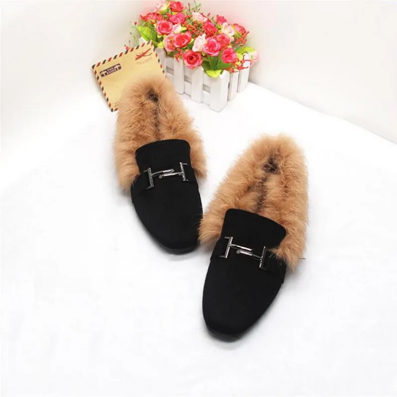 

2021 Flat Bottom Square Head Rabbit Fur Shoes Small Size Plus Velvet Cotton Warm Shoes 31-32 Large Size Women Flat Shoes 41-44