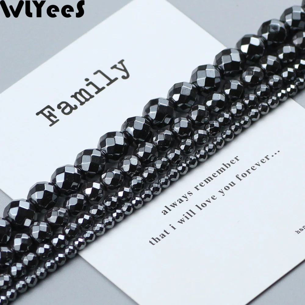 WLYeeS Natural Black Stone Faceted Hematite beads 3 4 6 8 10mm ore ball Round Loose Bead for DIY Jewelry Bracelet Earring Making