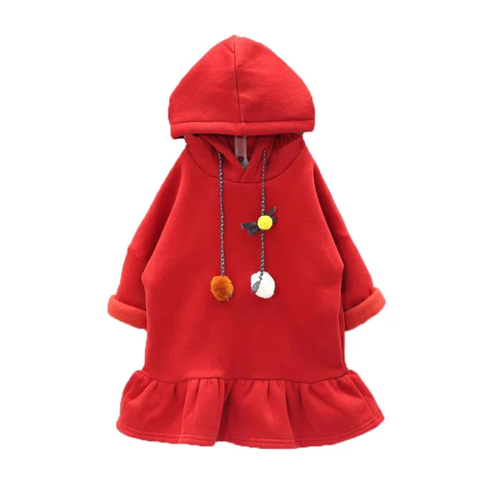 Children's wear 2022 children's casual long-sleeved hooded dress autumn and winter new girls hair ball plus velvet dress