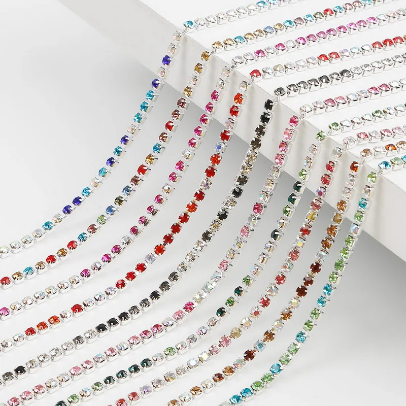 High Density Mixed Color AB Crystal Silver Base Cup Claw Rhinestone Chain for DIY Appliques Trim Sew On Ornament Accessories