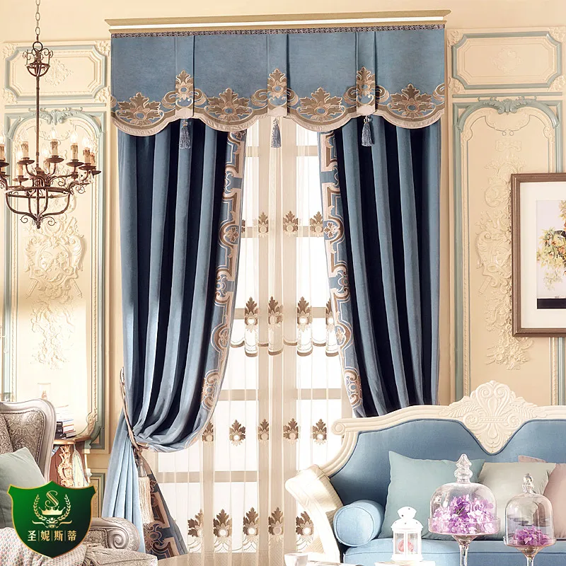 

Custom curtain Luxury high-grade Retro European court thick blue flannel embroidery cloth blackout curtain valance tulle E982