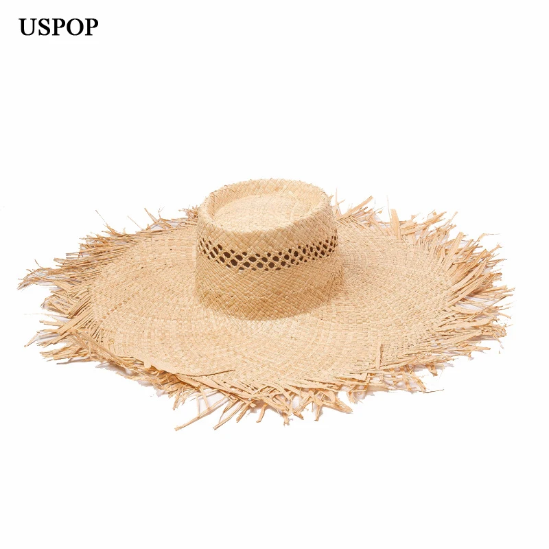 USPOP summer hats raffia sun hats for women hand made hollow out straw hat wide brim rough edges beach hat casual shade