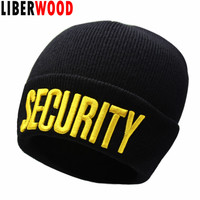 LIBERWOOD Black SECURITY beanie Skull Watch Cap Security Doorman Cops Guard Club Bouncer Men Winter Knitted beanie hat cap
