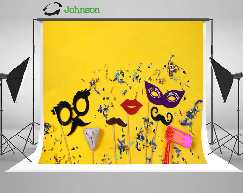 Purim Celebration Concept Masquerade Mask Yellow background polyester or Vinyl cloth Computer print wall backdrop