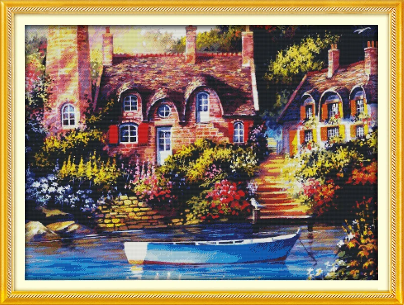 Fairy-tale cottage cross stitch kit lanscape garden 14ct 11ct count printed canvas stitching embroidery DIY handmade needlework