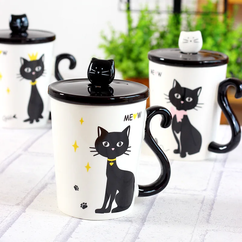 New Cat Tail Handle Mugs Cup Ceramic Coffee Tea Milk Drinkware with Spoon Cover Three in One Lovely Mug Gift