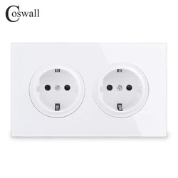 Coswall Crystal Tempered Pure Glass Panel 16A Double EU Standard Wall Power Socket Grounded With Child Protective Lock 146 Type