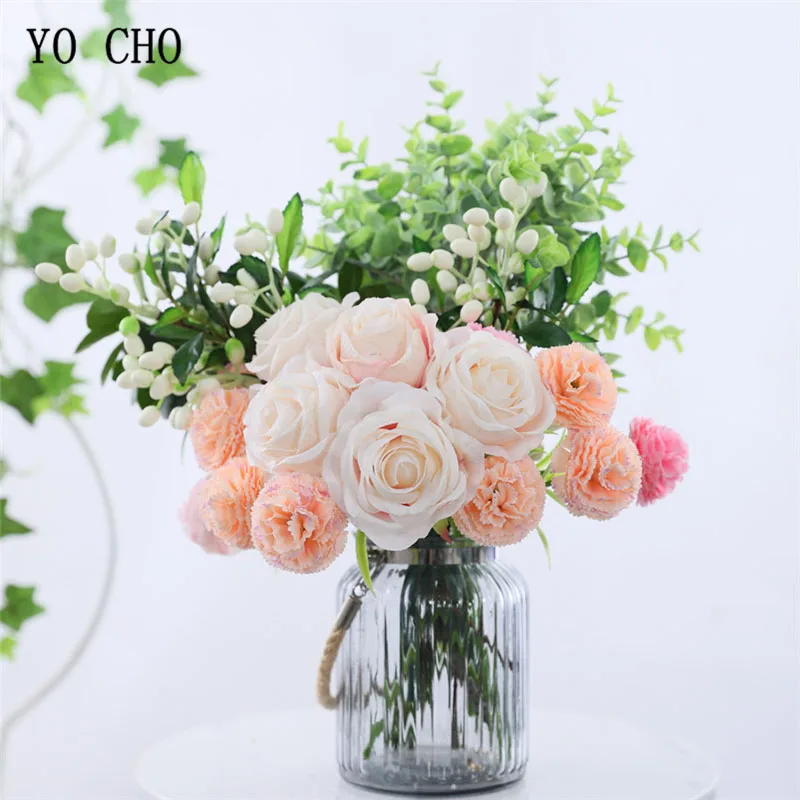 YO CHO Bouquet เจ้าสาวงานแต่งงานดอกไม้ผ้าไหมประดิษฐ์ Rose ดอกไม้แต่งงาน Party Supplies สีขาวช่อดอกไม้สีชมพู DIY Home Decorations