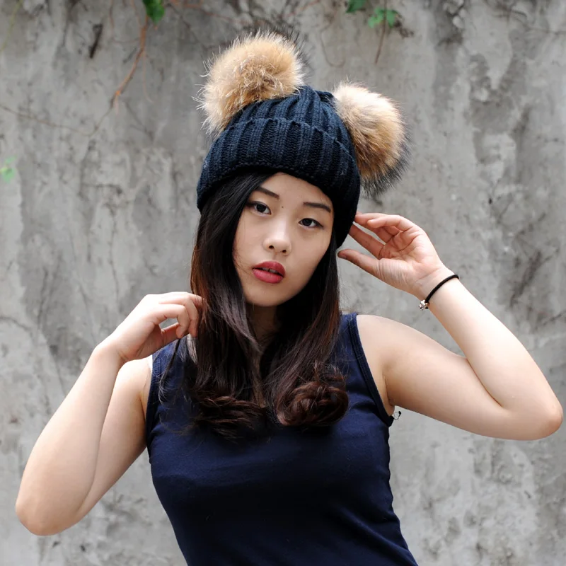 CX-C-113C Winter New Colorful Snow Caps Wool Knitted Beanie Hat With Two Raccoon Fur Pom Poms For Women Men Skullies Cap