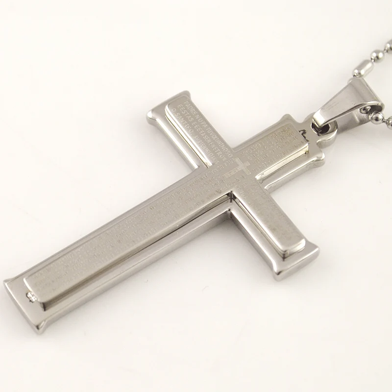 Silver Color Religious Cross Pendant Necklace Stainless Steel Crucifix Necklace Women Men Metal Classic Scripture Jewelry Gift