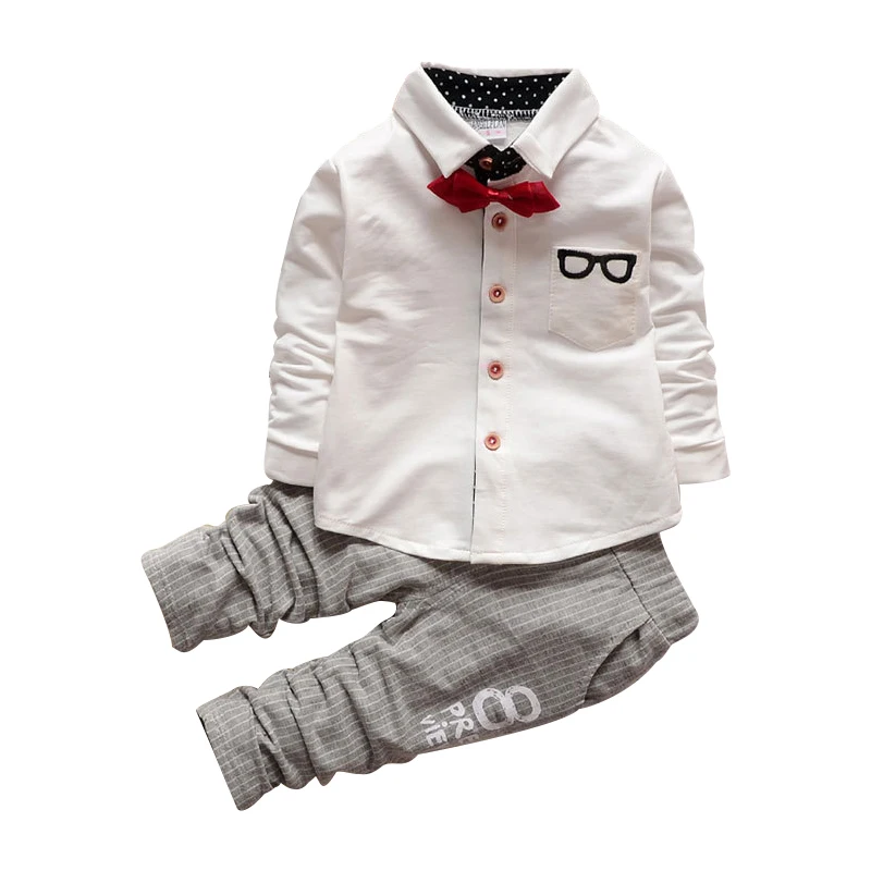 Spring Autumn Boys Clothing Sets 2021 New Casual 2pcs Suit Bowknot Shirt + Stripe Pants Children Gantelman Elegant Outfit