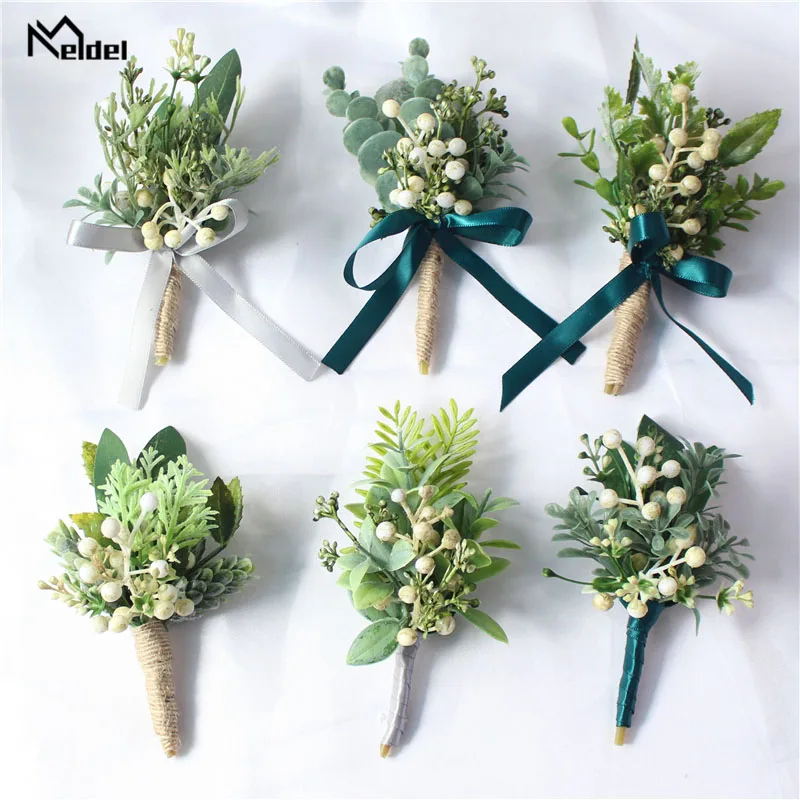 Meldel Boutonniere Groom Corsages White Green Berries Artificial Eucalyptus Plant Leaf Pine Needle Forest Style Wedding Supplies