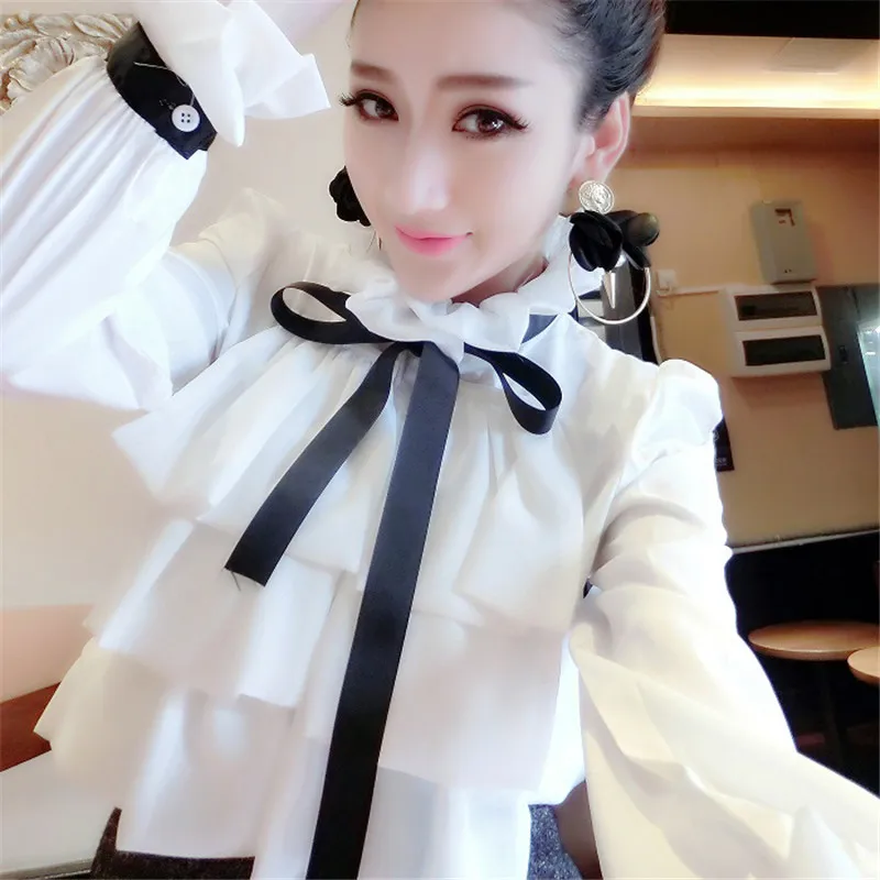 

2019 Spring Autumn Women White Blouses Tops Princess Tie Bow Ruffles Blouse Ladies Flare Sleeve Chiffon Shirt Blusas Tops AB1320