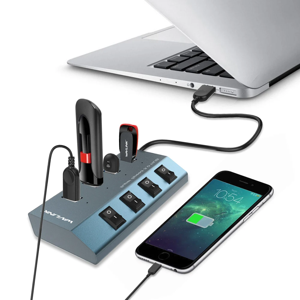 Imagem -06 - Portas Usb 3.0 Hub ue Eua Reino Unido Plug para Macbook Portátil Wavlink Alumínio Usb Hub 3.0 com Adaptador de Alimentação Interruptor de Ligar Desligar 4