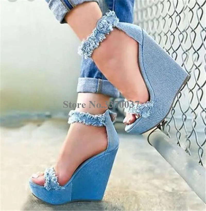 New Fashion Women Summer Blue Denim High Platform Wedge Sandals Ankle Straps Fringes Height Increased Jean Sandals Sexy Shoes