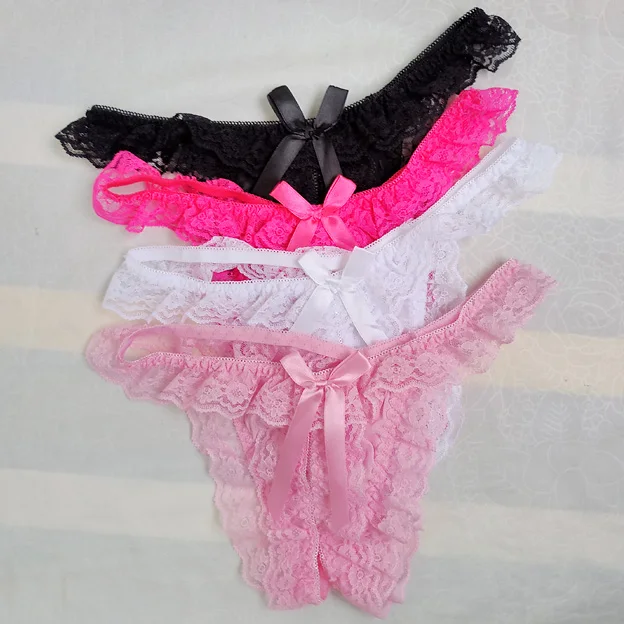 Sexy abrir entrepierna bragas Sissy Flor de hombres de encaje, tangas Tanga Lencería para gays Hombre Ropa interior con orificio para el pene