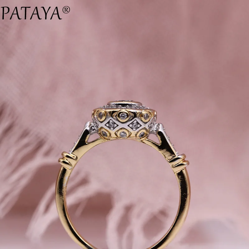 PATAYA New 585 Rose Gold Color Lovely Carved Natural Zircon Rings Women Fashion Jewelry Wedding Fine Craft Hollow Round Ring