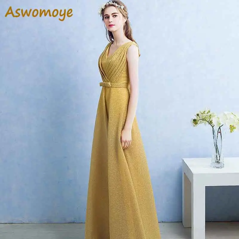 Aswomoye-Vestido de noche brillante para mujer, ropa de fiesta Formal con cuello en V, Sexy, con fajas, color negro, Otoño, 2018