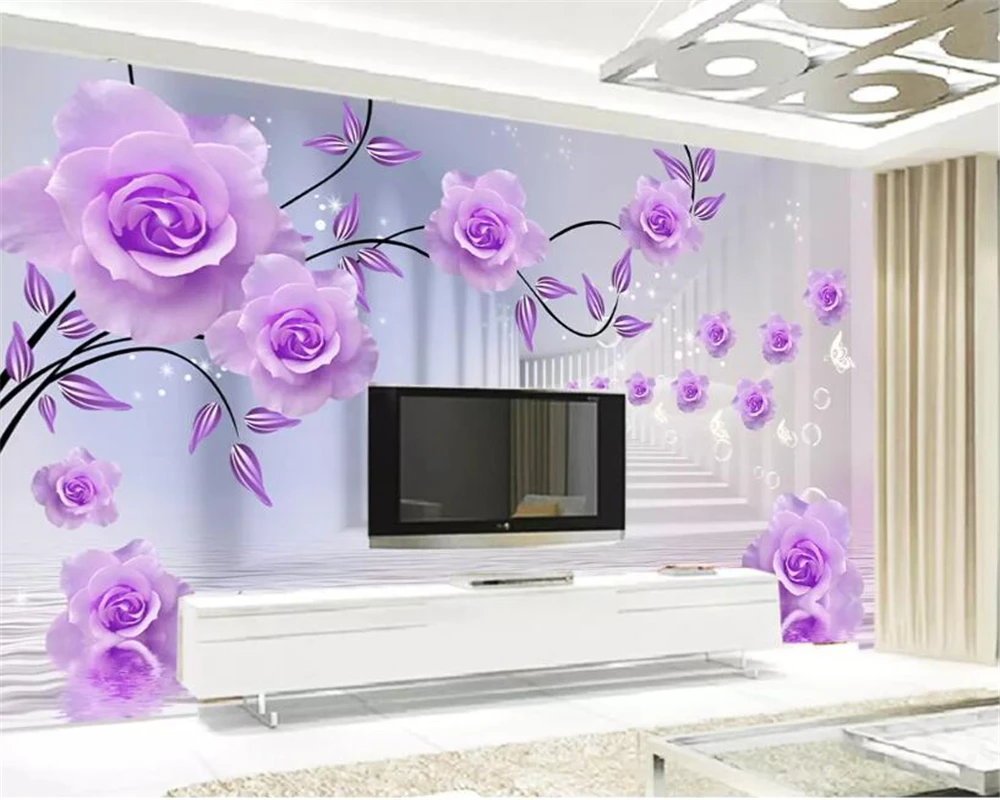 Beibehang Custom Photo Wallpaper painting 3D Purple rose reflection Living Room TV  Backdrop 3d wallpaper Modern Home decoration