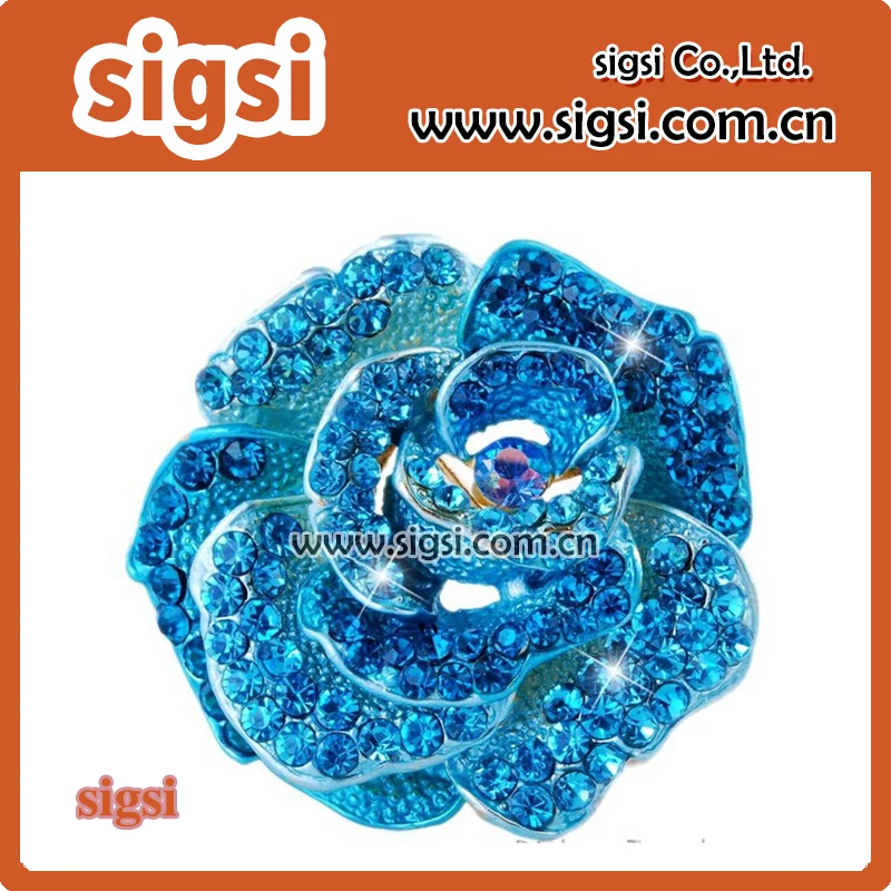 100pcs elegant charming blue rhinestone crystal rose flower decorative brooch pins for gift