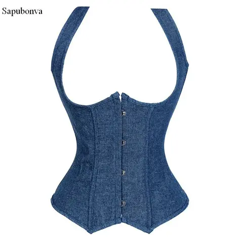 Sapubonva Underbust Corset Vest Waist Cincher Vest Cowboy Blue Corsets and Bustiers Top Sexy Women's Plus Size Cowboy Blue