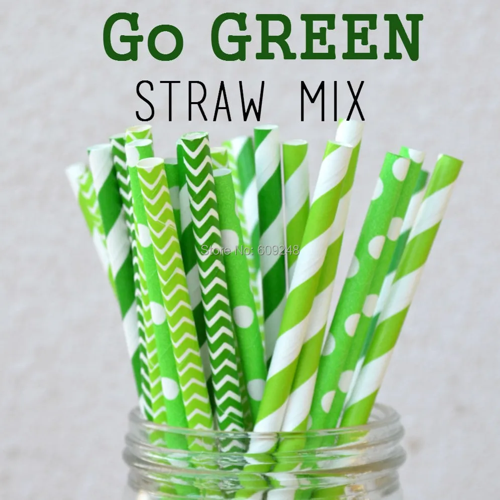 125 Pcs Mixed Colors Lime and Green Chevron Dot Stripe Paper Straws,Disposable Biodegradable Retro Kids Party Supplies / Wedding