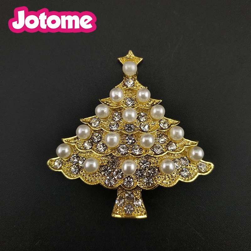 50pcs/lot  Gold Tone Clear Crystal Rhinestone Christmas Tree With Pearl Pin Brooch For Women