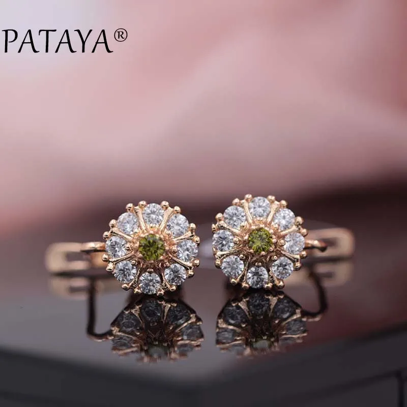 PATAYA New Lotus Drop Earrings 585 Rose Gold Color Natural Zircon Earrings Women White Wedding Jewelry Bridal Blue Drop Earrings